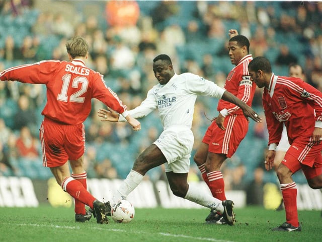 Tony Yeboah takes on the Liverpool defence during the FA Cup quarter-final clash at Elland Road in March 1996. The game finished goalless with the Whites losing 3-0 at Anfield in the replay.