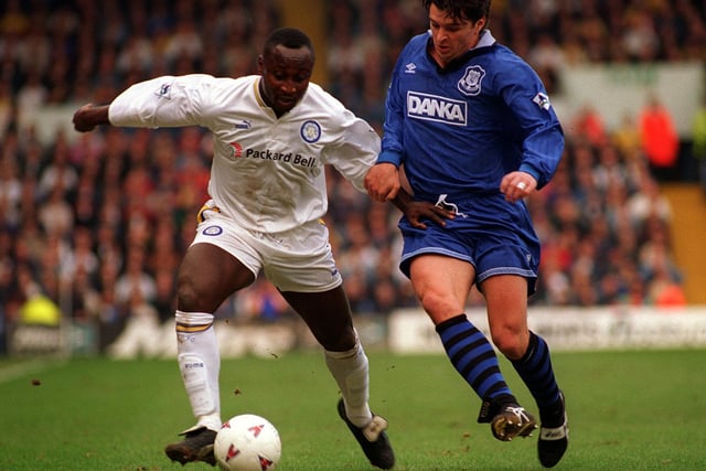 Old teammates Tony Yeboah and Gary Speed battle for the ball during Leeds United's Premier League clash with Everton at Elland Road in March 1997. The game finished 2-2.