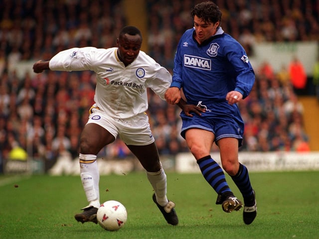 Old teammates Tony Yeboah and Gary Speed battle for the ball during Leeds United's Premier League clash with Everton at Elland Road in March 1997. The game finished 2-2.