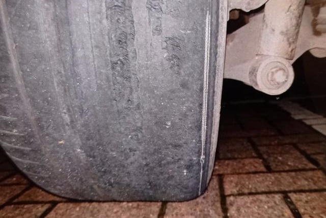 Whilst stopped at traffic lights in a marked police car, a vehicle drives up in lane 2 at speed, then edges forward before driving off at speed when lights change.  It didn't come as a shock when the car was stopped and the rear tyre found in this state