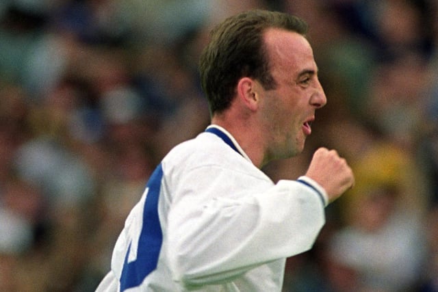 Gary McAllister celebrates scoring against Liverpool at Elland Road in August 1992. The game finished 2-2.