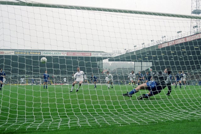 Gary McAllister scores from the penalty spot against Everton at Elland Road in September 1992. Leeds won 2-0.