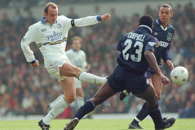 Gary McAllister shoots against Tottenham Hotspur at Elland Road in October 1994. The game finished 1-1.