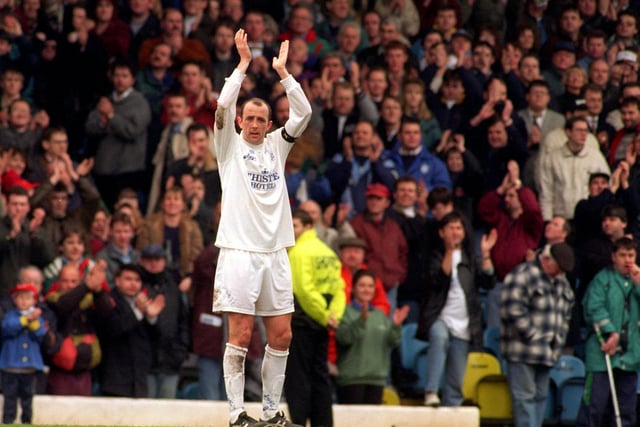 Gary McAllister thanks the fans at full time of the League Cup semi-final second leg at Elland Road in February 1996 after Leeds United beat Birmingham City 3-0.