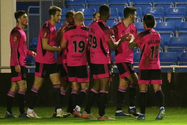 Solihull v Halifax. Town celebrate their goal