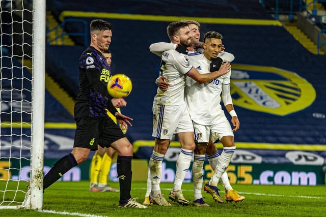 Stuart Dallas is mobbed after scoring against Newcastle to put Leeds back in front following Ciaran Clark's header.