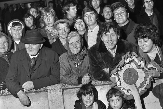 Wigan Athletic fans at the fixture against Burton Albion in an FA Trophy match at Springfield Park on Saturday 2nd of December 1972.  Latics won the match 5-0 with goals from Mickey Worswick 3, Paul Clements and Joe Fletcher.