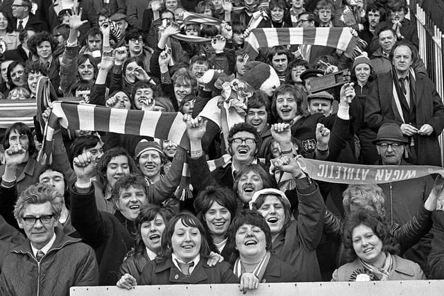 Wigan Athletic fans at the FA Trophy semi-final match against Stafford Rangers at Port Vale on Saturday 31st of March 1973. The match ended in a 0-0 draw.