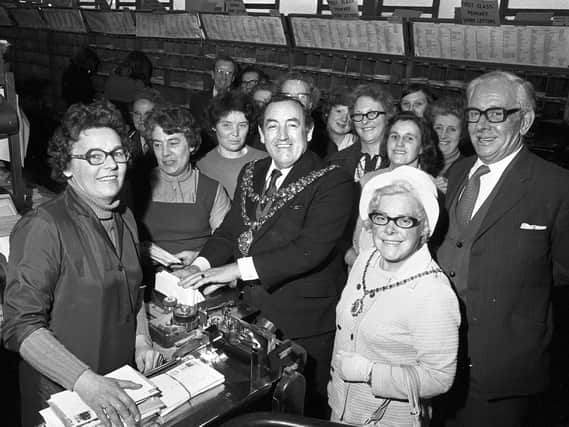 A civic visit to the Wigan post office depot at Christmas in 1974
