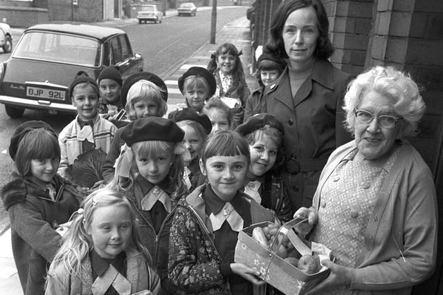 Harvest Festival gifts distributed by Wigan Brownies in 1974