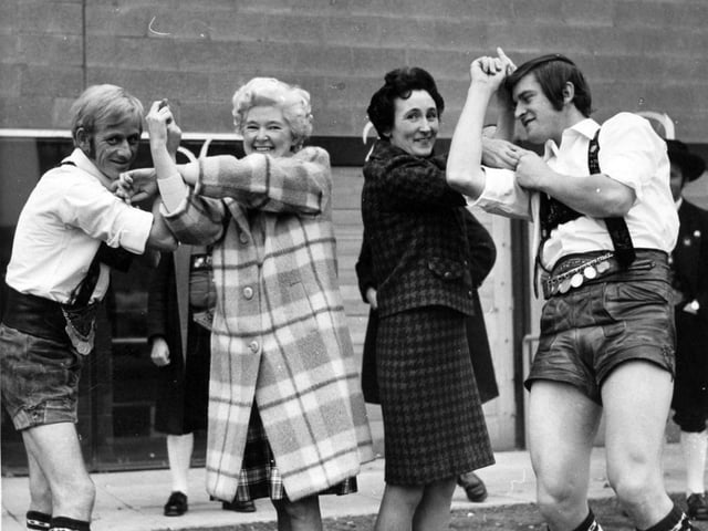 Members of the Seefeld Schuhplattler Dancing Group from Austria entertained at a special Women's Circle concert in November 1971.