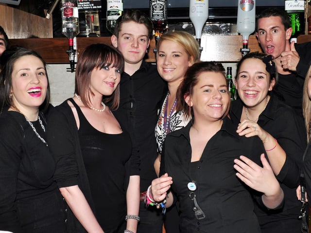 Blue Lounge staff Chloe, Jess, Nick, Shauna, Melissa, Joe, Jess, Tom and Dom, in 2010.