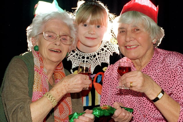 Pupils at Cockburn High School held a Christmas party in 1995 for senior citizens.  Pictured, left to right are Margaret Napier, Faye Robbins and Gwen Metcalf