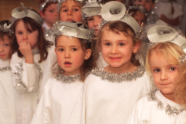 Christmas 1995 and anxious children wait to go on stage in one of a series of nativity plays at Bramhope Primary School.