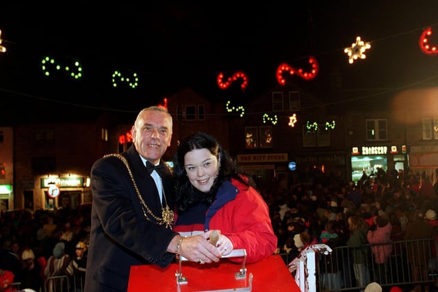 Emmerdale star Mandy Dingle, alias actress Lisa Riley helped to switch-on Yeadon's Christmas Lights in 1996. She is pictured with the Lord Mayor of Leeds Coun Malcolm Bedford.