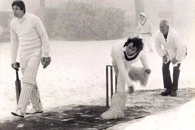 Nick Bull of North Leeds CC bowls during a Boxing Day fixture on Roundhay Park in 1983.