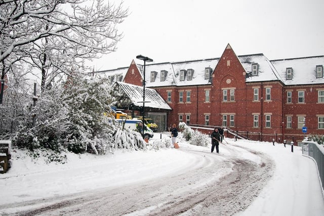 The entrance and grounds of Wigan Infirmary covered in snow, January 2011.