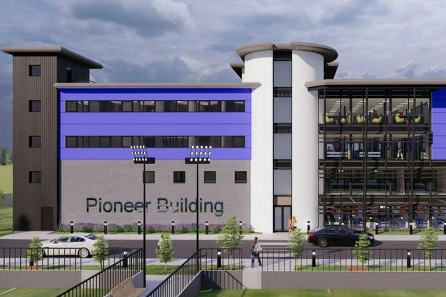 How the Pioneer Building will look from the direction of the multi-use sports pitches. Pic: Trax Motorsport Ltd / De Pol Associate