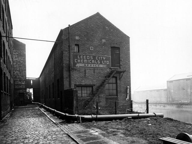 The office of Leeds City Chemicals Ltd. by River Aire. Pictured in January 1950.