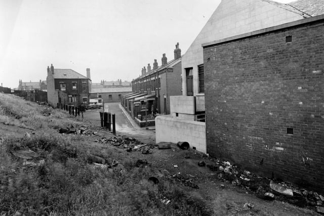 Back Easy Road in July 1951 taken from an area known locally as 'the quarry' which housed an assortment of piggeries, henruns and stables at this time. The white building is the rear of East Leeds Working Men's Club at number 81 Easy Road