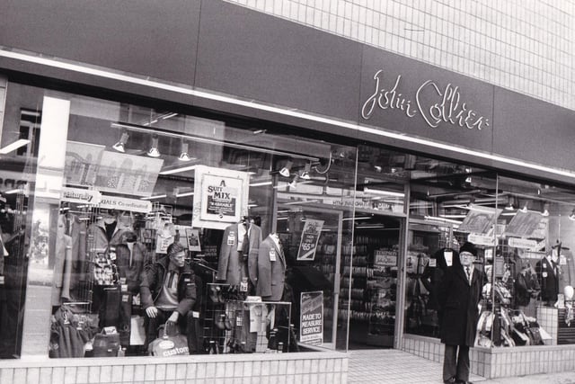 John Collier was the place to go on Briggate for those looking to get suited and booted. Pictured in March 1982.