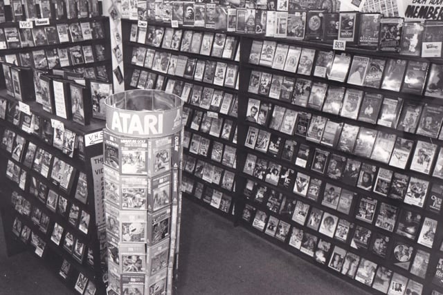 Cut Price Records on Vicar Lane which offered a vast range of Beta/VHS tapes and titles. Pictured in October 1982.