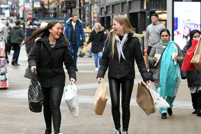 Shoppers Lois Applegate (left) and Lydia Buxton from Leeds out in Briggate for the sales.