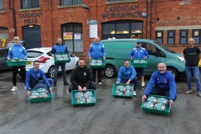 Footballers from Morley Town AFC raised thousands of pounds after being inspired by Marcus Rashford's free school meals campaign. They used the money to deliver food hampers and Christmas lunches to children in the area. Pictured (left to right): Craig Wood, Lee Kioseff, Robert Wheelhouse, Kevin Mackay of Rethink Food, James Wheelhouse, Matthew Agar, Neil Holdsworth, Noel Bullock and Sat Mann of Lean Lunch
