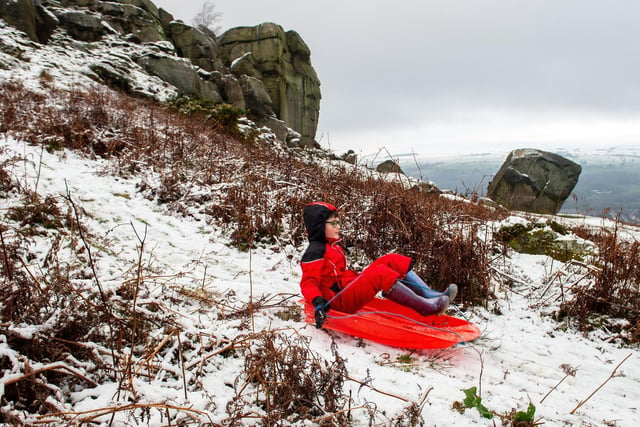 Liam Walker, aged nine, went sledging on Ilkey Moor on Monday