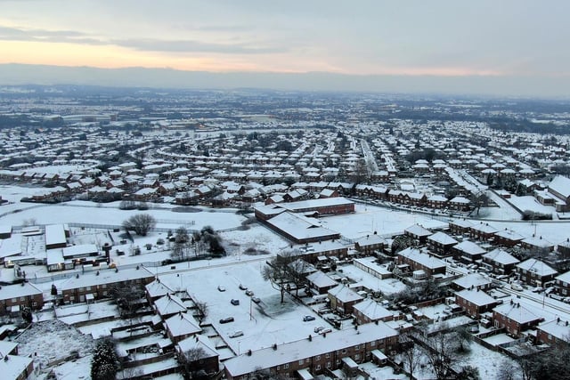 Brian King sent in this drone shot of Pemberton towards Wigan town centre covered in snow.