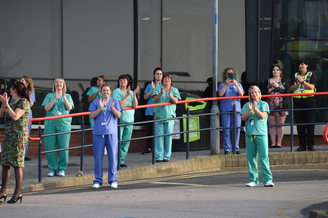 NHS staff outside Blackpool Victoria Hospital clap for the tenth and final time.