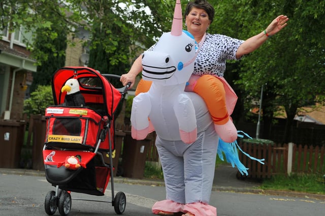 MA  YEAR IN PIX 2020
MAY - This is just one example of the many people who wanted spread some cheer in their community, pictured is Sheila Harbridge from Astley, dressed as a unicorn to spread happiness on her street.  She has been dressing up each week in a variety of costumes while pushing her pet birds in a pram, during the Clap for Carers event.