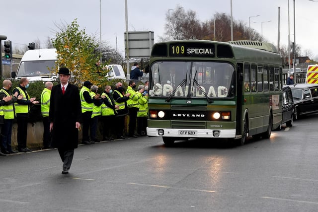The funeral procession for bus driver Keith Powell who died of COVID, at Chorley Bus Station