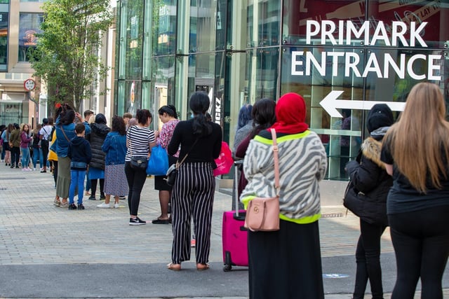 Shoppers queue outside Primark on June 15 as non-essential shops reopened. Some pupils had returned to school and the infection rate continued to fall in Leeds