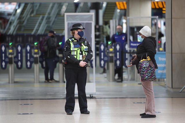 Police patrol Leeds Station during the second national lockdown in November. People were once again told to stay at home, leaving only for essential trips