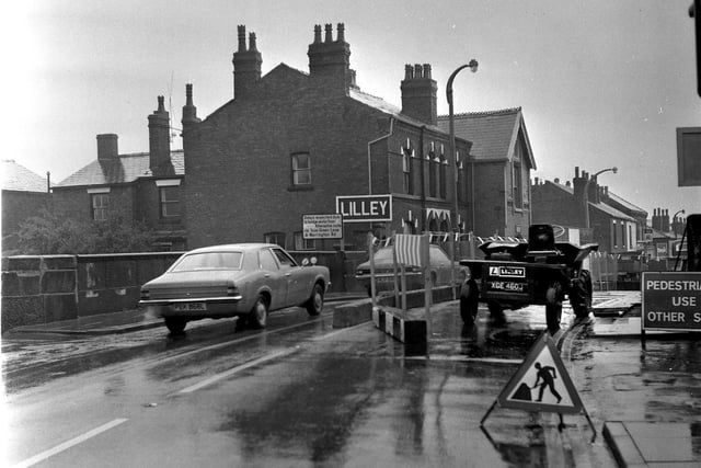 Roadworks cause traffic queues at Rose Bridge, Wigan, in 1973