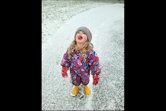 Four-year-old Erin Lynn catching snow in her mouth at Worden Park, Leyland