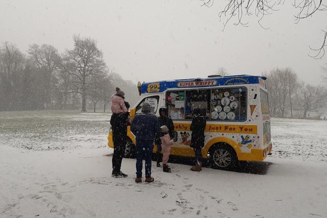 Queueing at the ice cream van at Worden Park, Leyland, although hot drinks were the order of the day