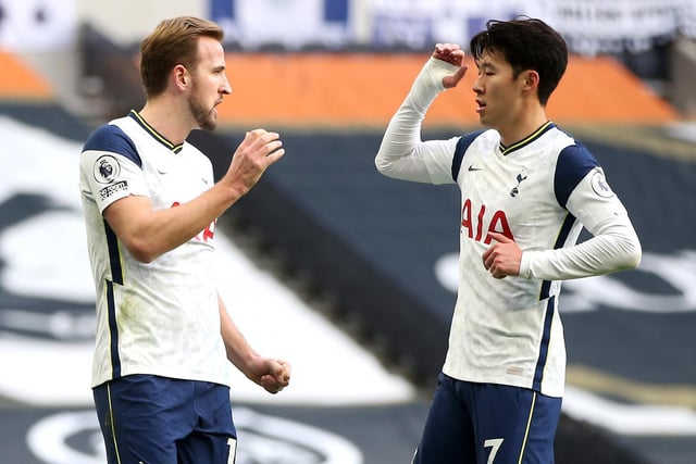 Harry Kane of Tottenham Hotspur celebrates with teammate Son Heung-Min after scoring from the penalty spot during the Premier League match against Leeds United at the Tottenham Hotspur Stadium on January 02, 2021 in London, England.