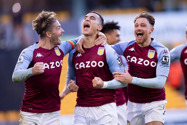 Anwar El Ghazi of Aston Villa celebrates with teammates after scoring the opening goal during the Premier League match between Wolverhampton Wanderers and Aston Villa at Molineux on December 12, 2020 in Wolverhampton, England.