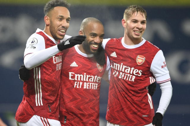 Alex Lacazette celebrates scoring the 4th Arsenal goal with Pierre-Emerick Aubameyang and Emile Smith Rowe during the Premier League match against West Bromwich Albion at The Hawthorns on January 02, 2021.