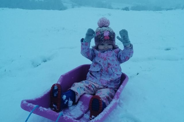 Two-year-old Athena Jane (two) loved sledging in Cliviger