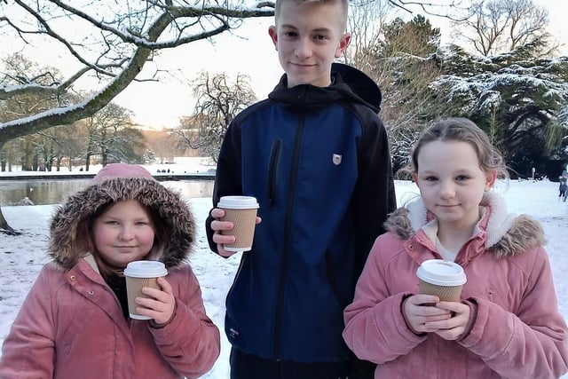 A hot drink stop for Bethany (eight) Owen (14) and 10-year-old Rosie at Towneley, Burnley with Jo-Ann Marshall.