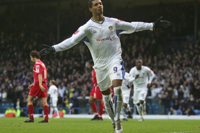 Jermaine Beckford celebrates scoring from the penalty spot against Swindon Town at Elland Road in November 2007. He scored both goals in a 2-1 win.
