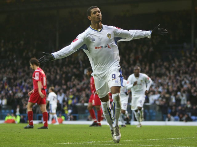 Jermaine Beckford celebrates scoring from the penalty spot against Swindon Town at Elland Road in November 2007. He scored both goals in a 2-1 win.