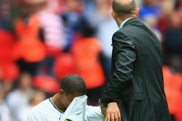 Manager Gary McAllister consoles Jermaine Beckford after the Coca Cola League 1 play-off final against Doncaster Rovers at Wembley in May 2008.
