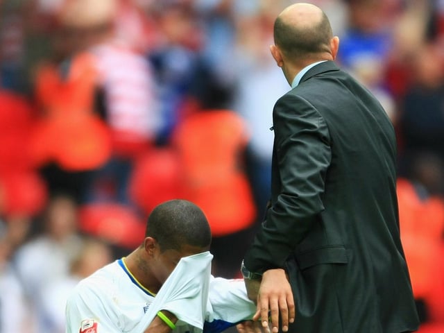 Manager Gary McAllister consoles Jermaine Beckford after the Coca Cola League 1 play-off final against Doncaster Rovers at Wembley in May 2008.