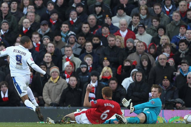 Manchester United goalkeeper Tomasz Kuszczak and defender Wes Brown are unable to stop Jermaine Beckford scoring during the FA Cup third round clash at Old Trafford in January 2010.