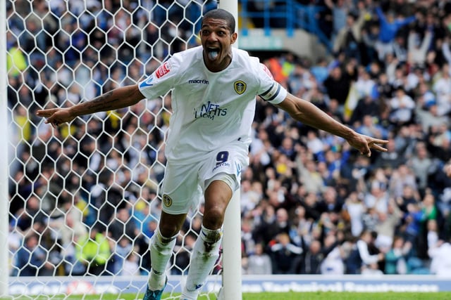 Jermaine Beckford celebrates scoring what proved to be the winning goal against Bristol Rovers at Elland Road in May 2010. It was a strike which earned the Whites promotion back to the Championship.