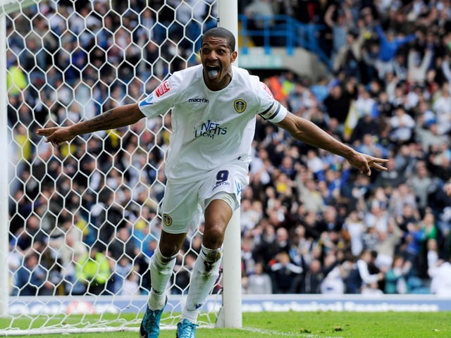 Jermaine Beckford celebrates scoring what proved to be the winning goal against Bristol Rovers at Elland Road in May 2010. It was a strike which earned the Whites promotion back to the Championship.